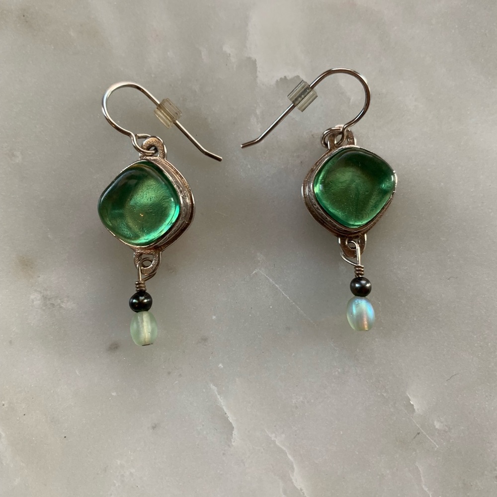 Artisan Sterling Silver Green Glass Drop Earrings